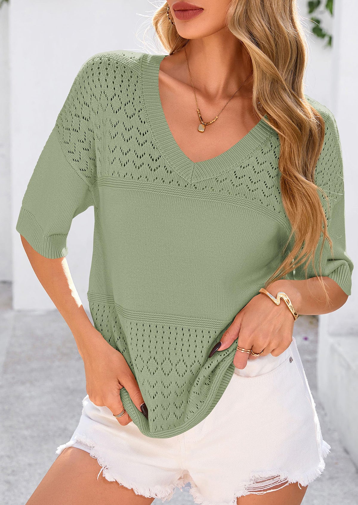 Short Sleeved Casual V-Neck Knitted Small Eye Shirt