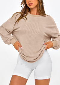 Long Sleeve Casual Loose Crew Neck Ribbed Blouse