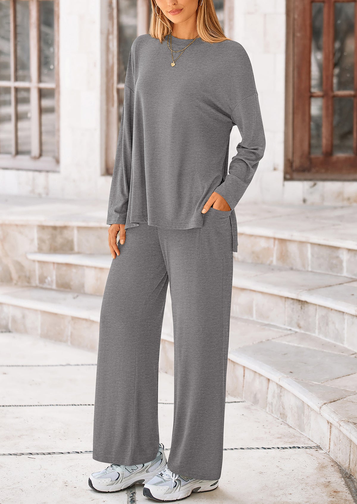 Long Sleeve High Low Tops T-Shirts Wide Leg Pants Two Piece Sets