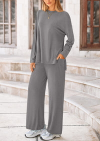 Long Sleeve High Low Tops T-Shirts Wide Leg Pants Two Piece Sets