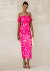 PRETTYGARDEN Maxi Dresses for Women Summer Elegant Floral Off Shoulder Ruched Mesh Cocktail Wedding Guest Dress