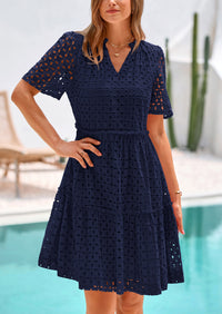 Short Sleeve V Neck Hollow Out Eyelet Ruffle A Line Swing Mini Dress