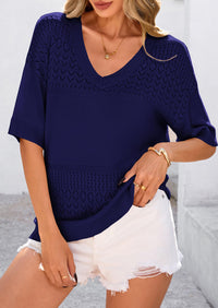 Short Sleeved Casual V-Neck Knitted Small Eye Shirt