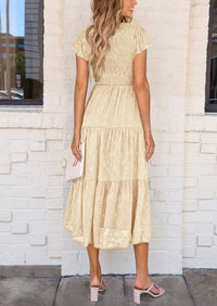 Floral  Summer Cap Sleeve Smocked Ruffle A Line Long Flowy Wedding Guest Midi Dresses