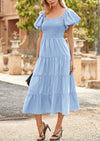 PRETTYGARDEN Casual Square Neck Smocked Tiered Ruffle Midi Dresses