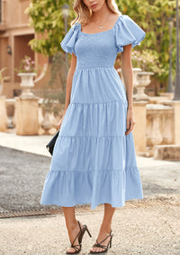Casual Short Sleeved Square Neck Layered Pleated Dress