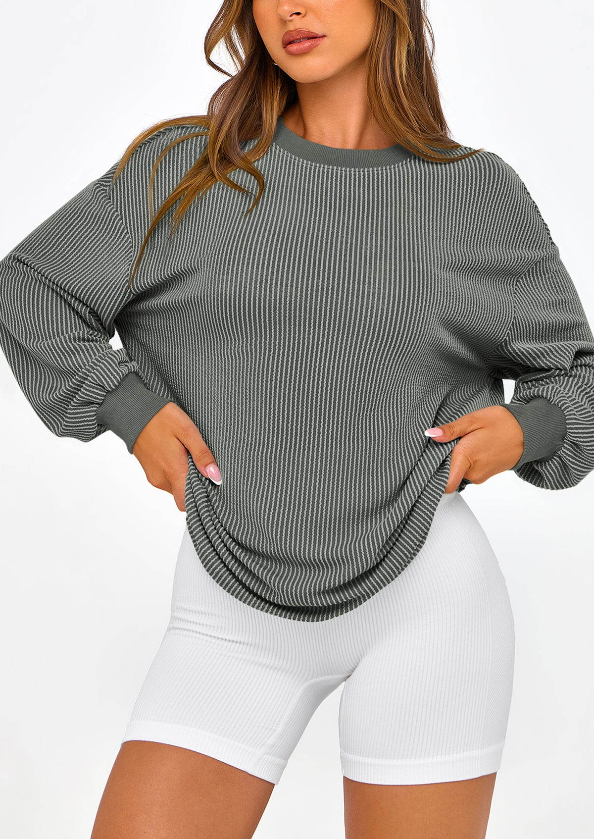 Long Sleeve Casual Loose Crew Neck Ribbed Blouse
