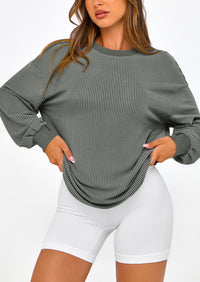 Long Sleeve Casual Loose Crew Neck Ribbed Blouse
