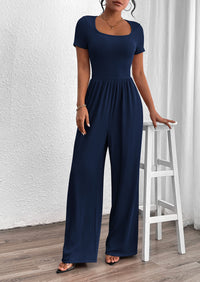 Casual Short Sleeve Square Neck Wide Leg Jumpsuits