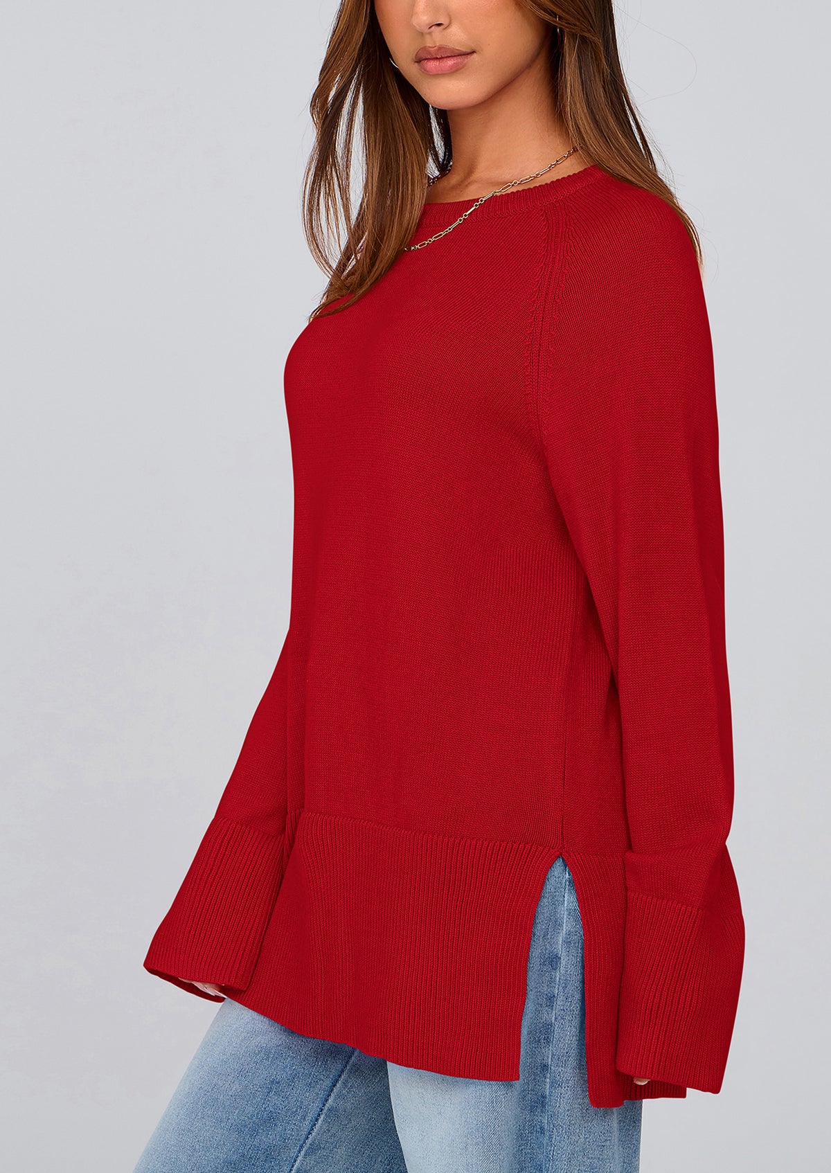 Knit Long Sleeve Crew Neck Split Hem Loose Oversized Tunic Sweaters