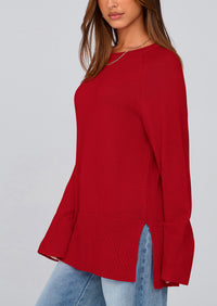 Knit Long Sleeve Crew Neck Split Hem Loose Oversized Tunic Sweaters