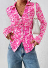 PRETTYGARDEN Women Button Down Floral Shirts Fall Trendy Long Sleeve V Neck Ruched Fitted Mesh Blouse Tops Date Outfits