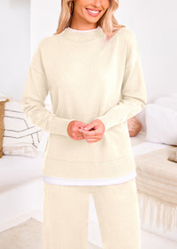 PRETTYGARDEN Two Piece Matching Sweater Lounge Sets Knit Long Sleeve Pullover Tops Wide Leg Pants