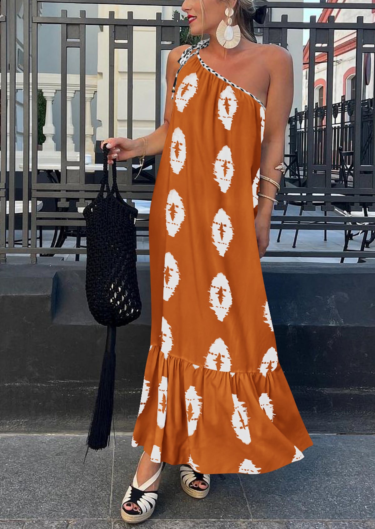 One Shoulder Spaghetti Strap Printed A Line Flowy Boho Maxi Long Sundress