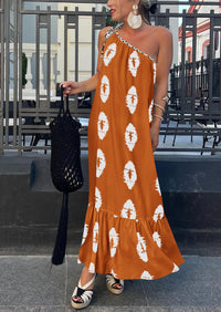 One Shoulder Spaghetti Strap Printed A Line Flowy Boho Maxi Long Sundress