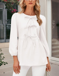 Babydoll Trendy 3/4 Length Puff Sleeve Bow Tie Front Cute Peplum Blouses