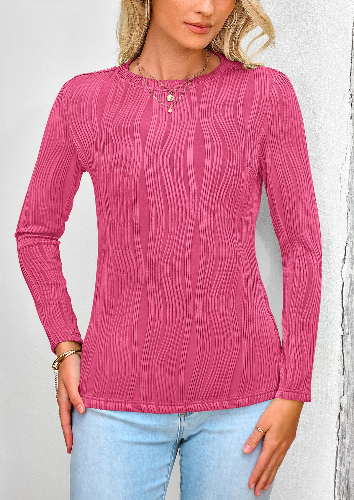 Plain Long Sleeve Crew Neck Textured Casual T-shirts