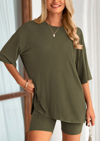 Casual Short Sleeved Round Neck Top Paired With Shorts Two-Piece Set