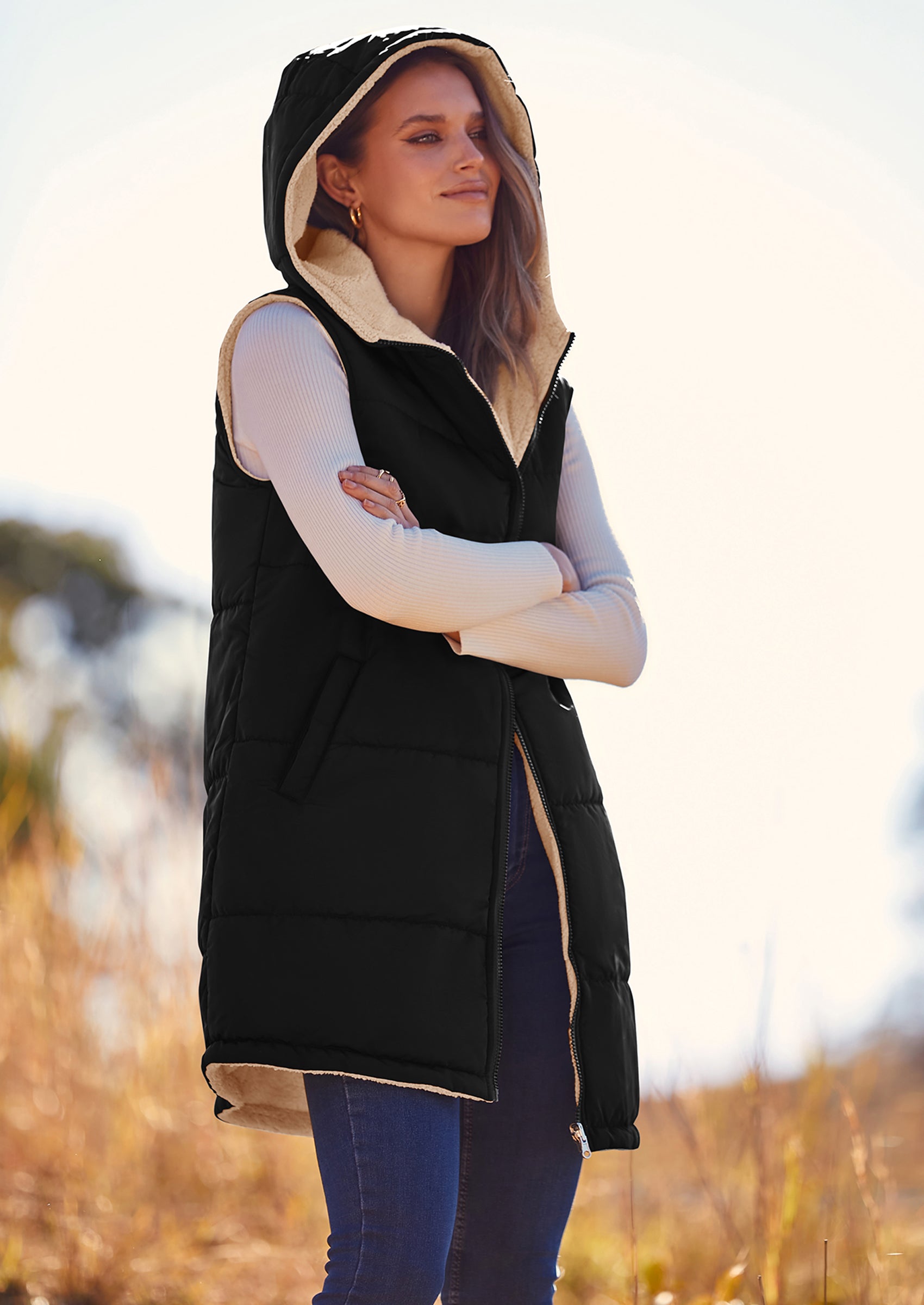 PRETTYGARDEN Womens Fall Reversible Vests Sleeveless Fleece Jacket Zip Up Hoodie Pockets Long Warm Winter Coat Outerwear