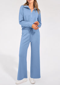 Flip Collar Half Zip Top And Wide Leg Pants Casual Two-Piece Set