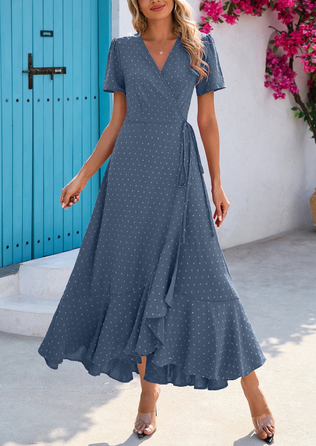 Leisure Bohemian Flower V-Neck Short Sleeved Ruffled Beach Long Skirt