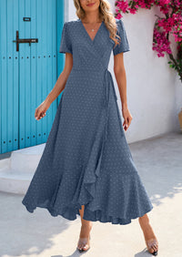Leisure Bohemian Flower V-Neck Short Sleeved Ruffled Beach Long Skirt