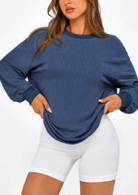 Long Sleeve Casual Loose Crew Neck Ribbed Blouse