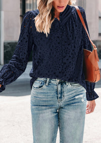 Puff Long Sleeve Button V Neck Hollow Out Lace Embroidered Casual Pullover Blouses