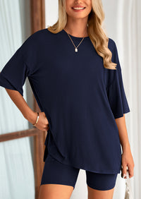 Casual Short Sleeved Round Neck Top Paired With Shorts Two-Piece Set