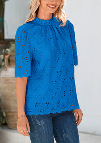 Short Sleeve Eyelet Embroidered Dressy Casual Blouse