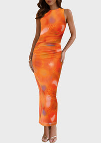 Floral Bodycon Sleeveless Mesh Maxi Long Dresses