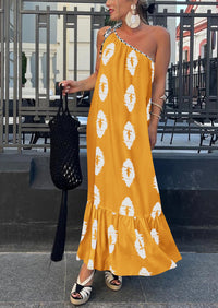 One Shoulder Spaghetti Strap Printed A Line Flowy Boho Maxi Long Sundress
