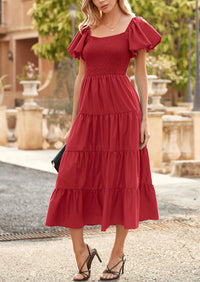 Casual Short Sleeved Square Neck Layered Pleated Dress