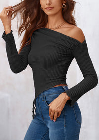 Long Sleeve Y2K Crop Top Off Shoulder Asymmetrical Fitted Knit Blouses