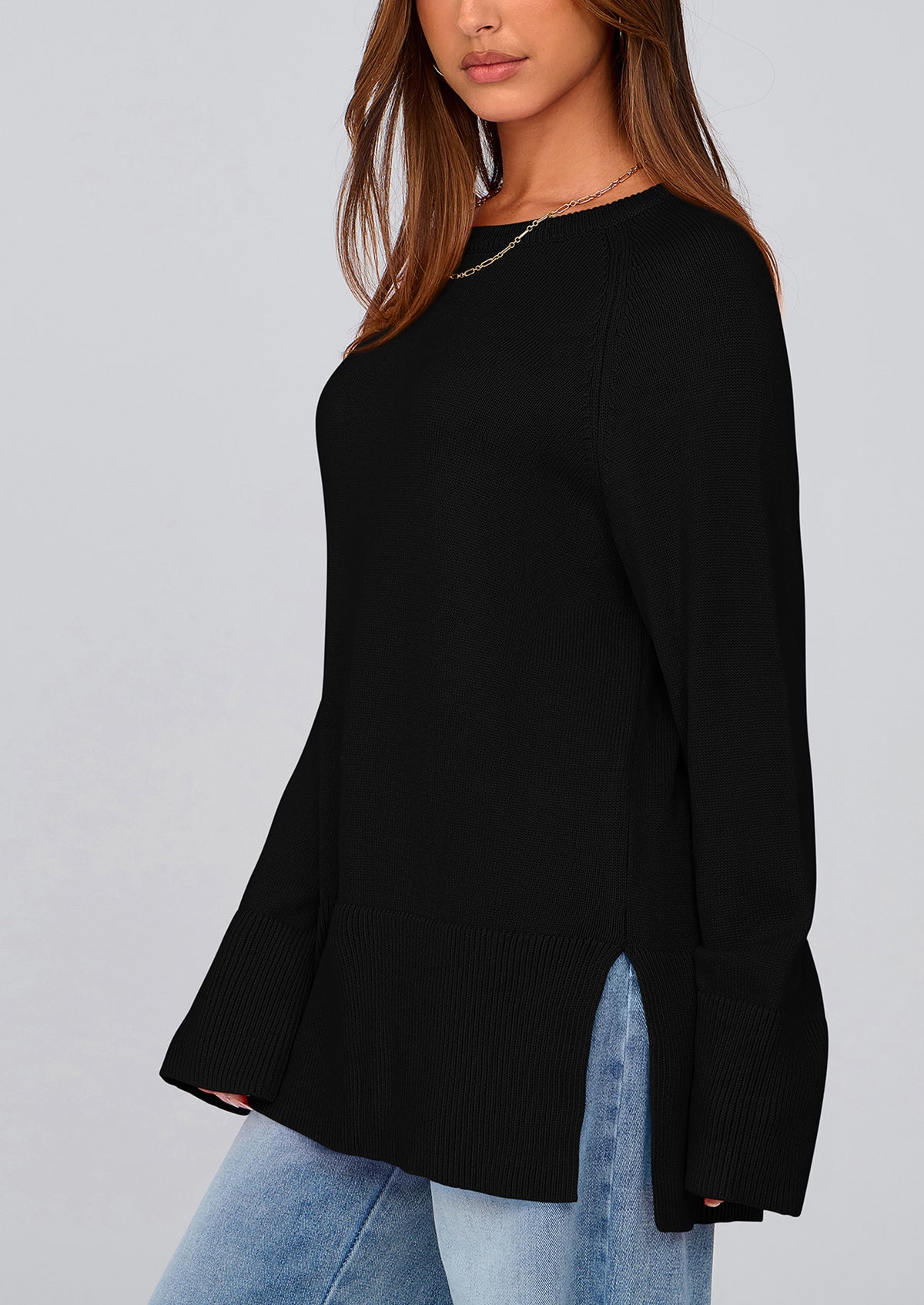 Knit Long Sleeve Crew Neck Split Hem Loose Oversized Tunic Sweaters