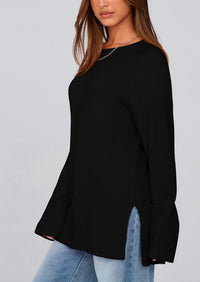 Knit Long Sleeve Crew Neck Split Hem Loose Oversized Tunic Sweaters