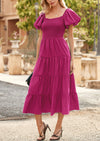 PRETTYGARDEN Casual Square Neck Smocked Tiered Ruffle Midi Dresses