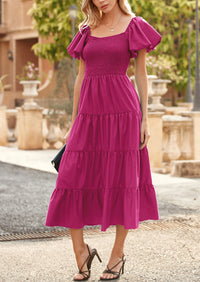 Casual Short Sleeved Square Neck Layered Pleated Dress