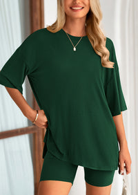 Casual Short Sleeved Round Neck Top Paired With Shorts Two-Piece Set