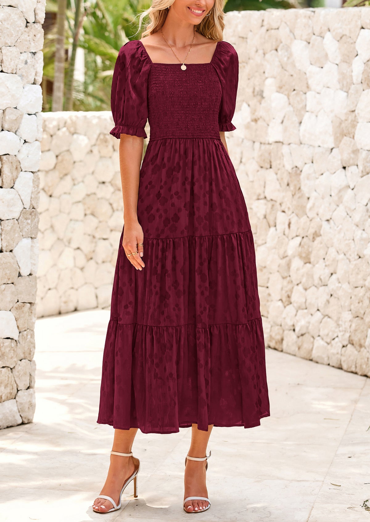 Casual Square Neck Short Sleeve Smocked A Line Floral Flowy Elegant Boho Midi Dresses