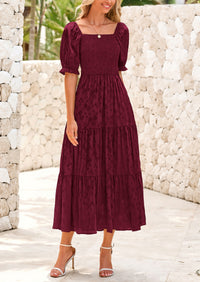 Casual Square Neck Short Sleeve Smocked A Line Floral Flowy Elegant Boho Midi Dresses