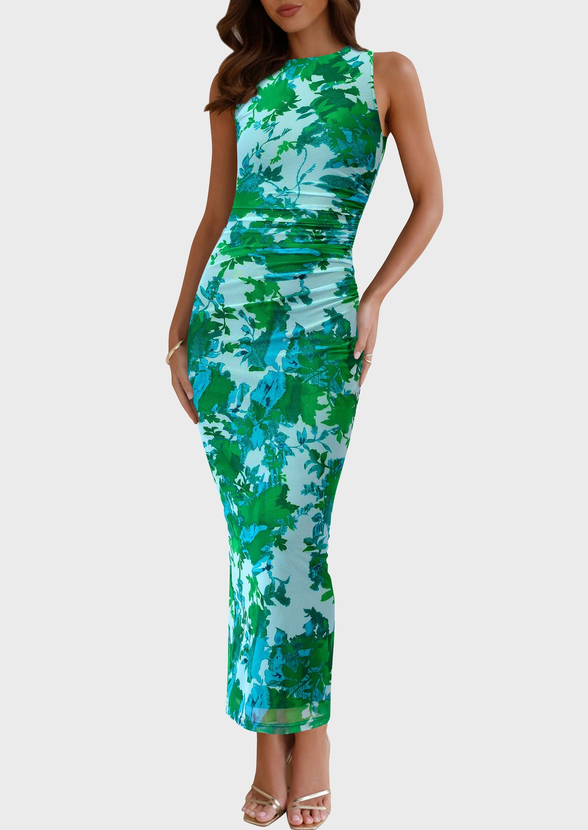 Floral Bodycon Sleeveless Mesh Maxi Long Dresses