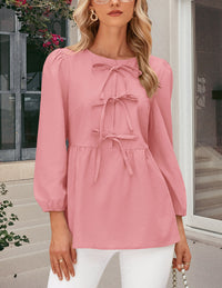 Babydoll Trendy 3/4 Length Puff Sleeve Bow Tie Front Cute Peplum Blouses