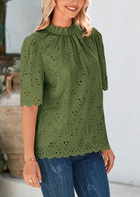 Short Sleeve Eyelet Embroidered Dressy Casual Blouse