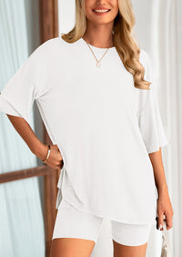 Casual Short Sleeved Round Neck Top Paired With Shorts Two-Piece Set