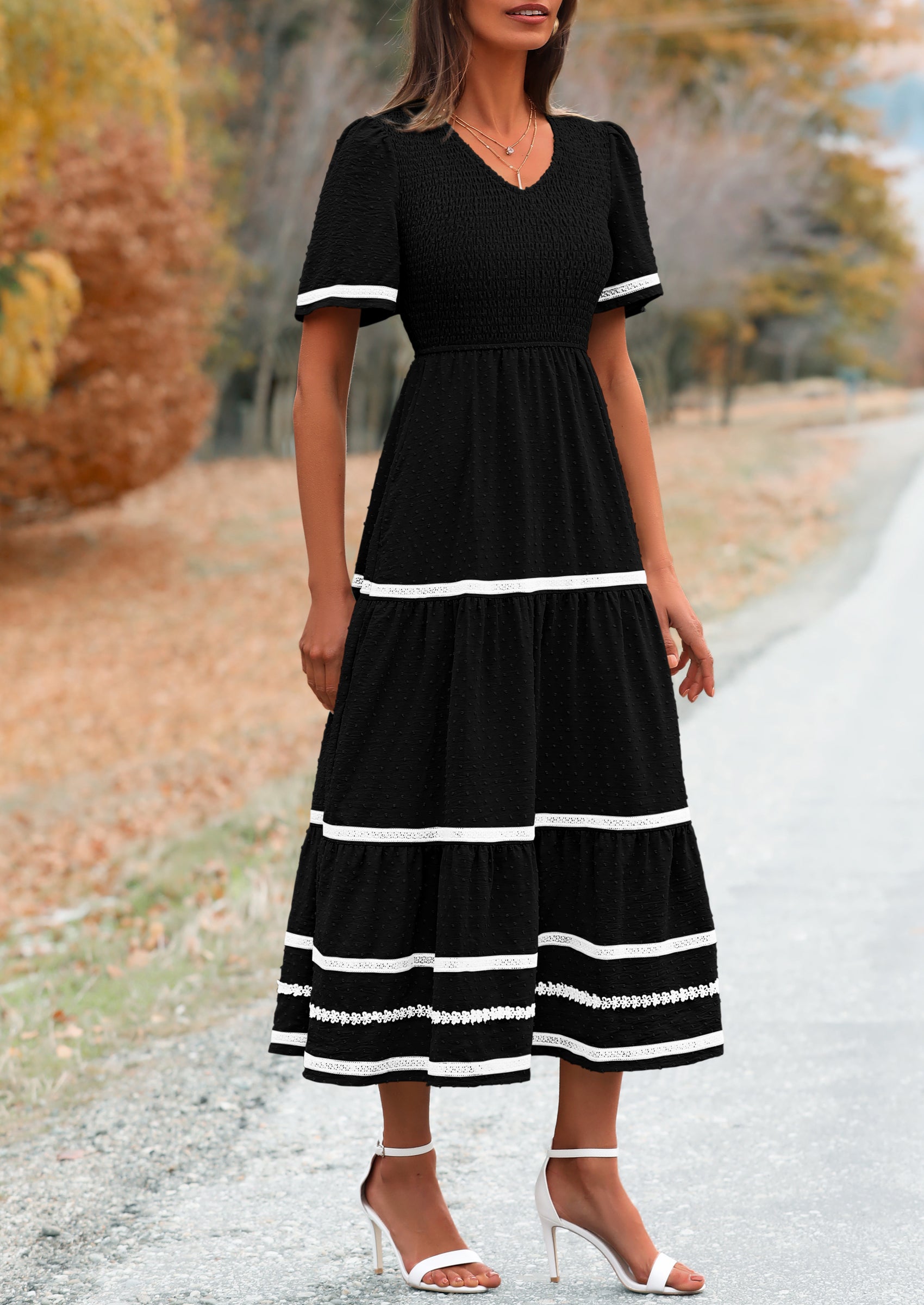 PRETTYGARDEN Women's Casual Summer Maxi Dress Short Sleeve Swiss Dot V Neck Smocked Long Flowy Beach Dresses