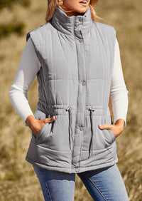 Casual Button Zipper Vest, Drawstring Sleeveless Jacket