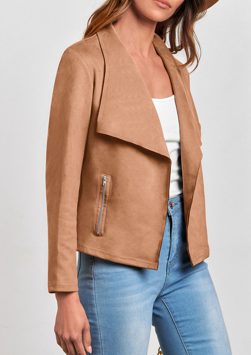PRETTYGARDEN Women's Faux Suede Jackets Fashion Fall Clothes Long Sleeve Open Front Cropped Coat Outwear