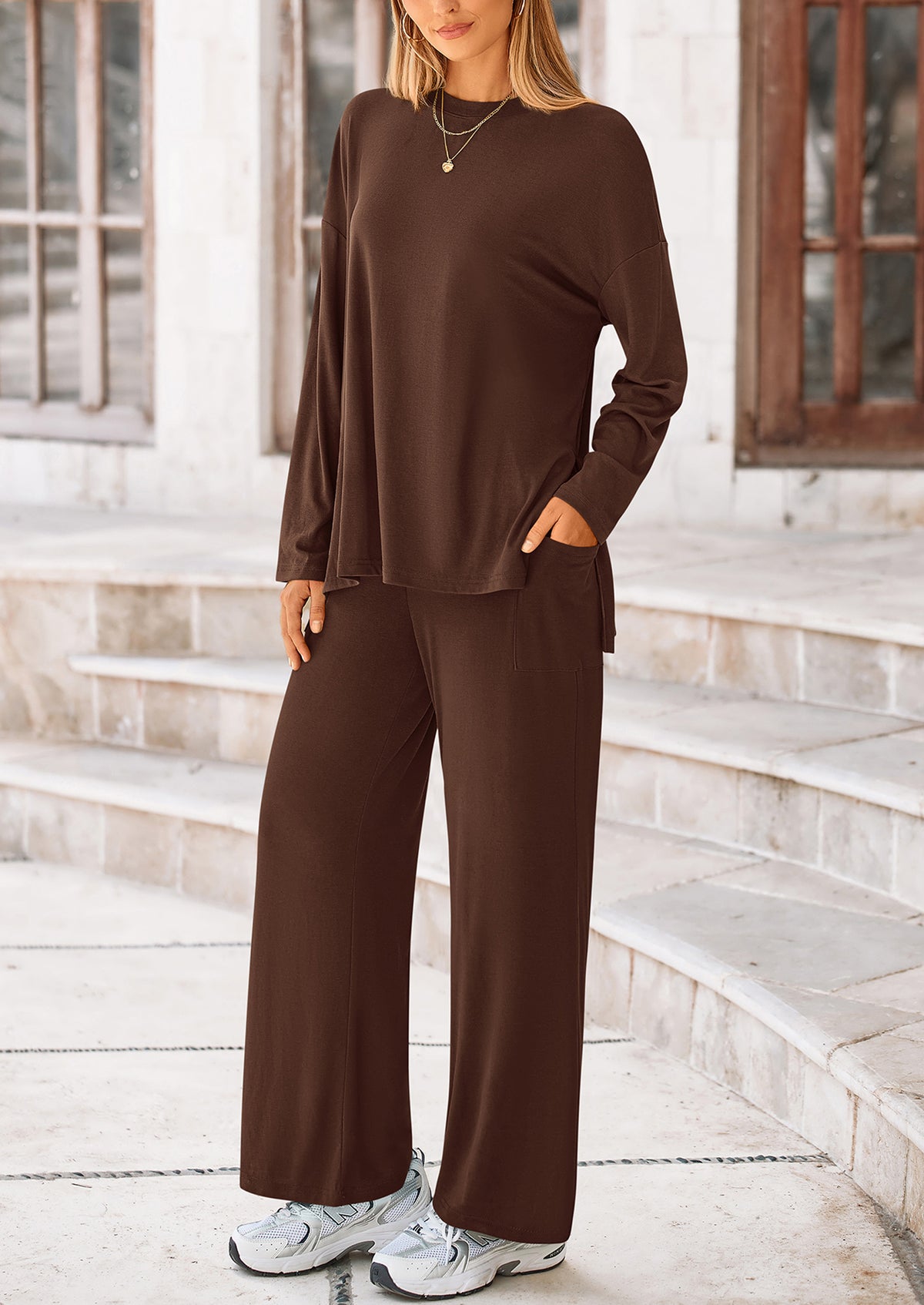 Long Sleeve High Low Tops T-Shirts Wide Leg Pants Two Piece Sets