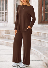 Long Sleeve High Low Tops T-Shirts Wide Leg Pants Two Piece Sets
